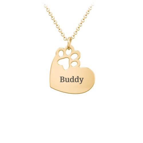 Engravable Pawprint Cutout Heart Necklace – 18K Gold Plated Silver