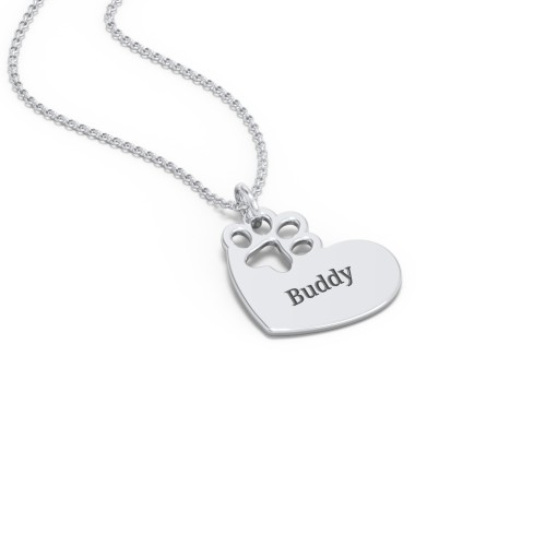 Engravable Pawprint Cutout Heart Necklace – Sterling Silver