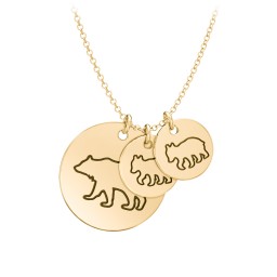 Engravable Mama Bear & 2 Cub Disc Necklace in 9K Solid Yellow Gold