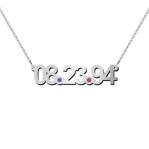 Date Necklace with Birthstones – Sterling Silver with Blue Sapphire and Garnet