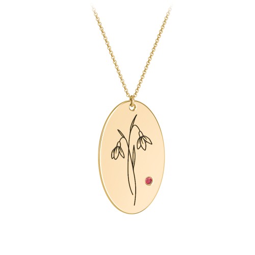 January Birth Flower Disc Necklace with Gemstone – 9kt Yellow Gold with Garnet