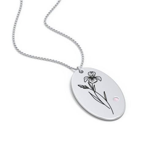 February Birth Flower Disc Necklace with Gemstone – Sterling Silver with Pink Tourmaline