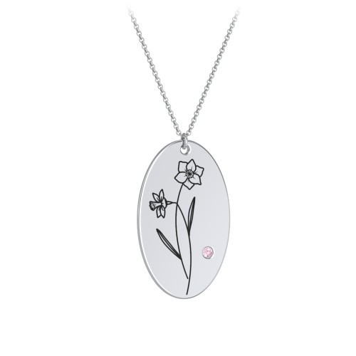 December Birth Flower Disc Necklace with Gemstone – Sterling Silver with Pink Tourmaline