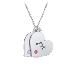 Engravable Hanging 2 Hearts Necklace with Birthstones in 925 Sterling Silver