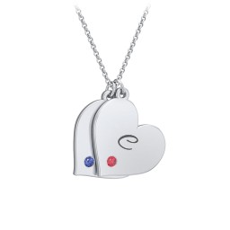 Engravable Hanging 2 Hearts Necklace with Birthstones in 925 Sterling Silver with Blue Sapphire and Garnet