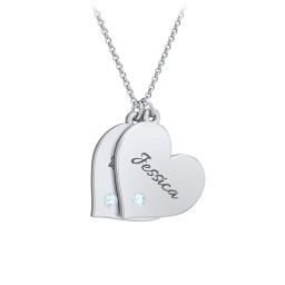 Engravable Hanging 2 Hearts Necklace with Birthstones in 925 Sterling Silver with Blue Topaz