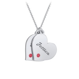 Engravable Hanging 2 Hearts Necklace with Birthstones in 925 Sterling Silver with Garnet