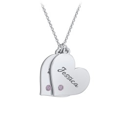 Engravable Hanging 2 Hearts Necklace with Birthstones in 925 Sterling Silver with Alexandrite