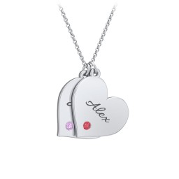 Engravable Hanging 2 Hearts Necklace with Birthstones in 925 Sterling Silver