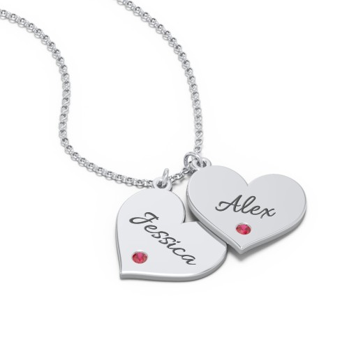 Engravable Hanging 2 Hearts Necklace with Birthstones – Sterling Silver with Garnet