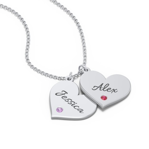 Engravable Hanging 2 Hearts Necklace with Birthstones – Sterling Silver with Amethyst and Garnet