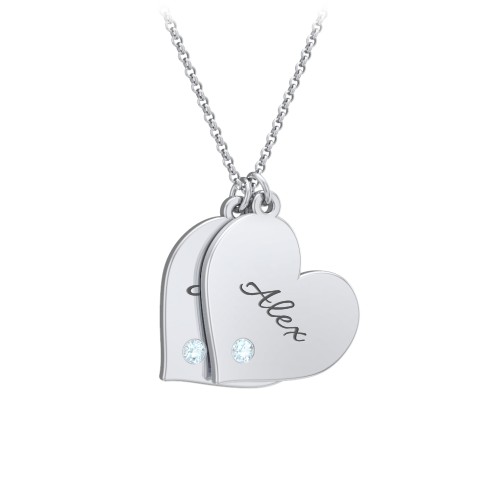 Engravable Hanging 2 Hearts Necklace with Birthstones – Sterling Silver with Blue Topaz