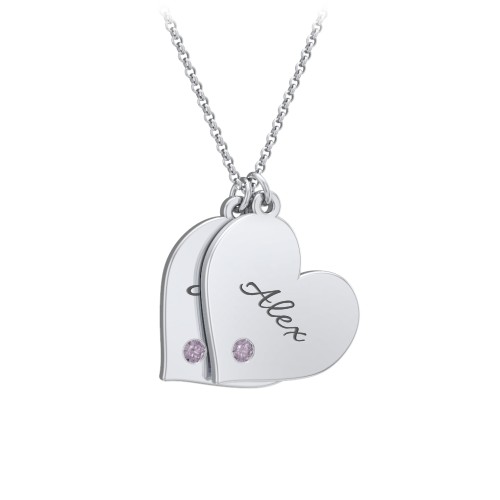 Engravable Hanging 2 Hearts Necklace with Birthstones – Sterling Silver with Alexandrite