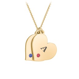 Engravable Hanging 2 Hearts Necklace with Birthstones in 9K Solid Yellow Gold with Blue Sapphire and Garnet