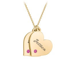 Engravable Hanging 2 Hearts Necklace with Birthstones in 9K Solid Yellow Gold with Ruby