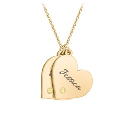 Engravable Hanging 2 Hearts Necklace with Birthstones in 9K Solid Yellow Gold with Citrine