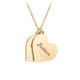 Engravable Hanging 2 Hearts Necklace with Birthstones in 9K Solid Yellow Gold with Blue Topaz