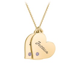 Engravable Hanging 2 Hearts Necklace with Birthstones in 9K Solid Yellow Gold with Alexandrite