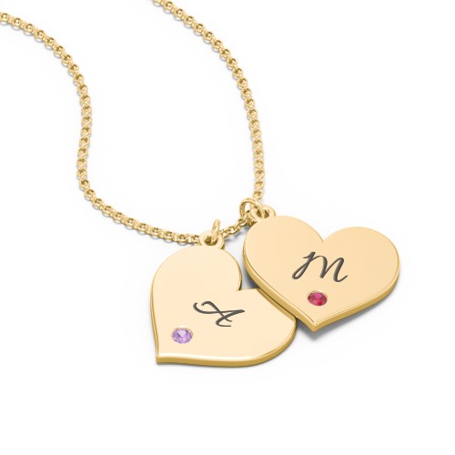 Engravable Hanging 2 Hearts Necklace with Birthstones – 9kt Yellow Gold with Amethyst and Garnet