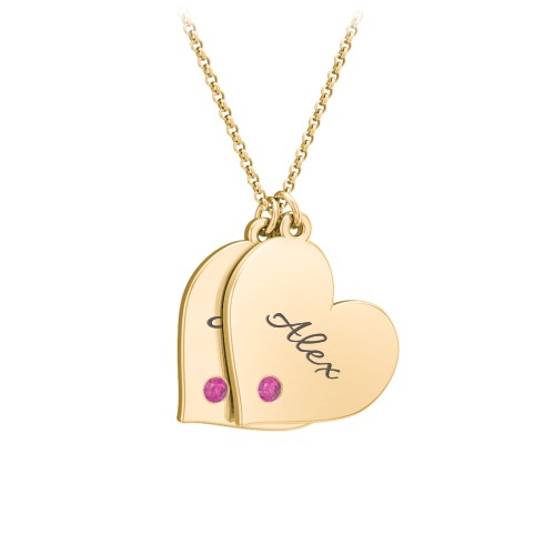 Engravable Hanging 2 Hearts Necklace with Birthstones – 9kt Yellow Gold with Ruby