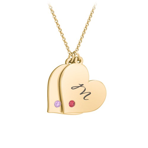 Engravable Hanging 2 Hearts Necklace with Birthstones – 9kt Yellow Gold with Amethyst and Garnet