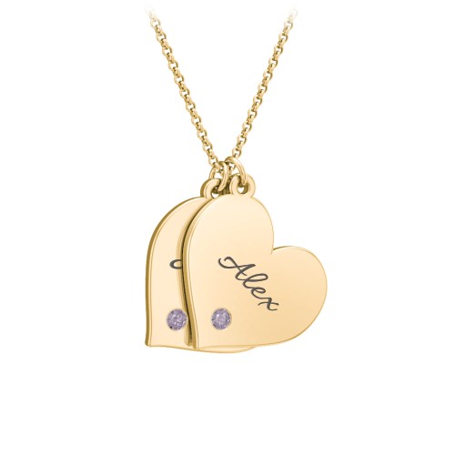 Engravable Hanging 2 Hearts Necklace with Birthstones – 9kt Yellow Gold with Alexandrite