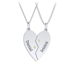 Engravable Split Heart Couples Necklace Set with Birthstones