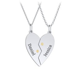 Engravable Split Heart Couples Necklace Set with Birthstones