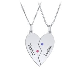 Engravable Split Heart Couples Necklace Set with Birthstones