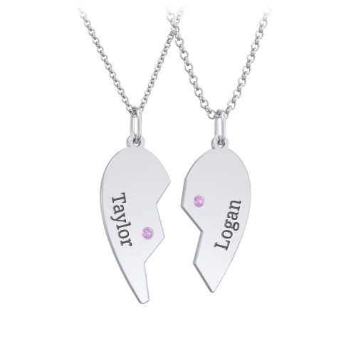 Engravable Split Heart Couples Necklace Set with Birthstones