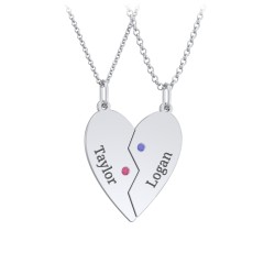 Engravable Split Heart Couples Necklace Set with Birthstones – Sterling Silver with Blue Sapphire and Pink Tourmaline