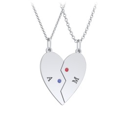 Engravable Split Heart Couples Necklace Set with Birthstones in 925 Sterling Silver with Blue Sapphire and Garnet