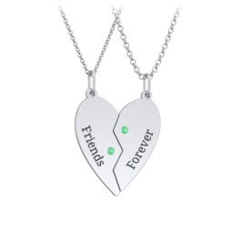 Engravable Split Heart Couples Necklace Set with Birthstones in 925 Sterling Silver with Emerald