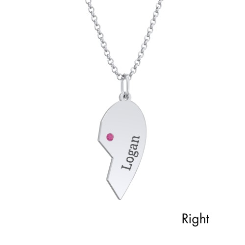Engravable Split Heart Couples Necklace Set with Birthstones – Sterling Silver with Ruby