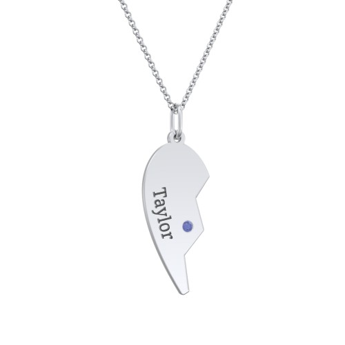 Engravable Split Heart Couples Necklace Set with Birthstones – Sterling Silver with Blue Sapphire and Garnet