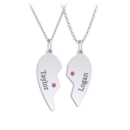 Engravable Split Heart Couples Necklace Set with Birthstones – Sterling Silver with Ruby
