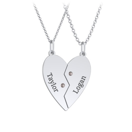 Engravable Split Heart Couples Necklace Set with Birthstones – Sterling Silver with Smokey Quartz