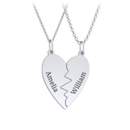 Engravable Split Heart Couples Necklace Set in 925 Sterling Silver