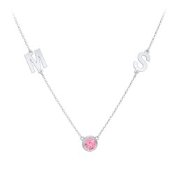 Personalised Initials Necklace with Bezel Set Birthstone in 925 Sterling Silver with Pink Tourmaline