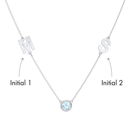 Personalised Initials Necklace with Bezel Set Birthstone – Sterling Silver with Aquamarine