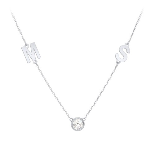 Personalised Initials Necklace with Bezel Set Birthstone – Sterling Silver with Cubic Zirconia