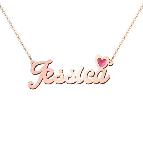 Personalised Name Necklace with Cold Enamel Heart – 9kt Rose Gold