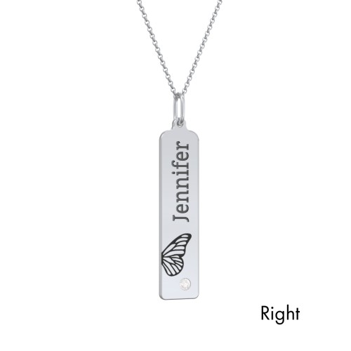 Engravable Butterfly Bar Necklace Set with Birthstones – Sterling Silver with Diamond