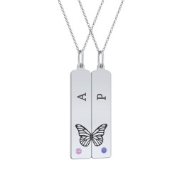 Engravable Butterfly Bar Necklace Set with Birthstones in 925 Sterling Silver