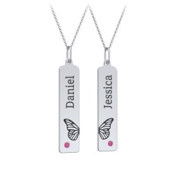 Engravable Butterfly Bar Necklace Set with Birthstones in 925 Sterling Silver with Ruby