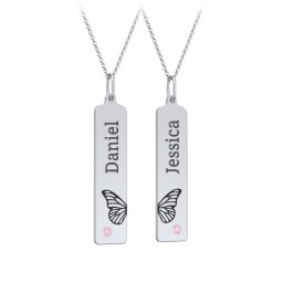 Engravable Butterfly Bar Necklace Set with Birthstones in 925 Sterling Silver with Pink Tourmaline