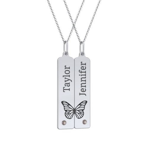 Engravable Butterfly Bar Necklace Set with Birthstones – Sterling Silver with Smokey Quartz