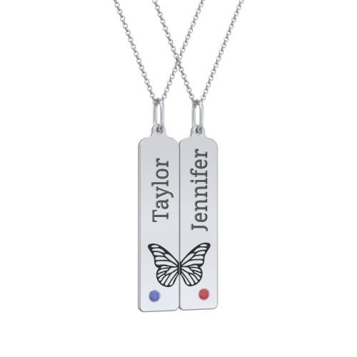 Engravable Butterfly Bar Necklace Set with Birthstones – Sterling Silver with Blue Sapphire and Garnet