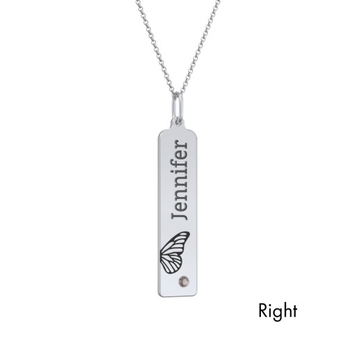 Engravable Butterfly Bar Necklace Set with Birthstones – Sterling Silver with Smokey Quartz
