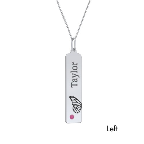 Engravable Butterfly Bar Necklace Set with Birthstones – Sterling Silver with Ruby